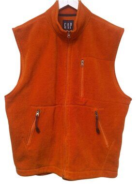 GAP Mens Fleece Vest Size XL Orange Navy Blue Full Zip Pockets Casual Jacket